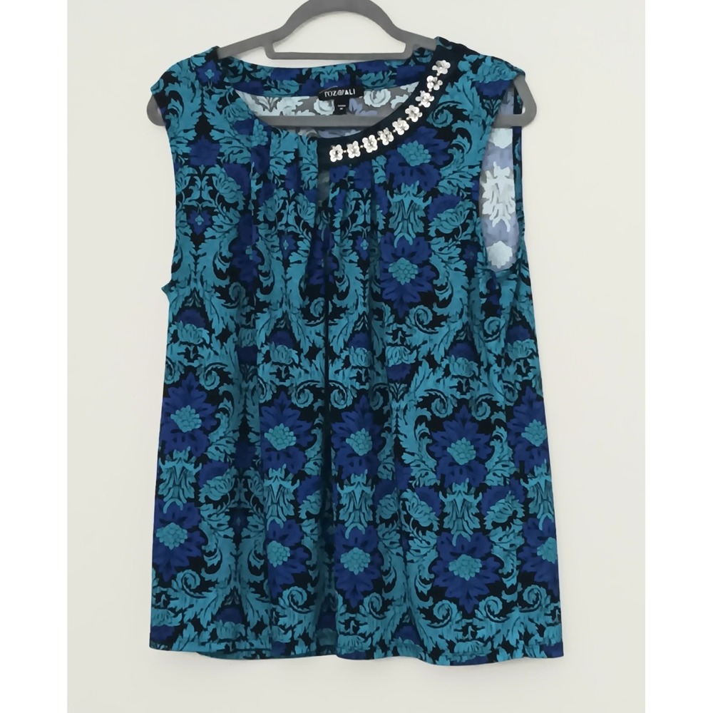 Roz & Ali Blouse Women's Size 1X Blue Embellished Split Neck Sleeveless Preowned